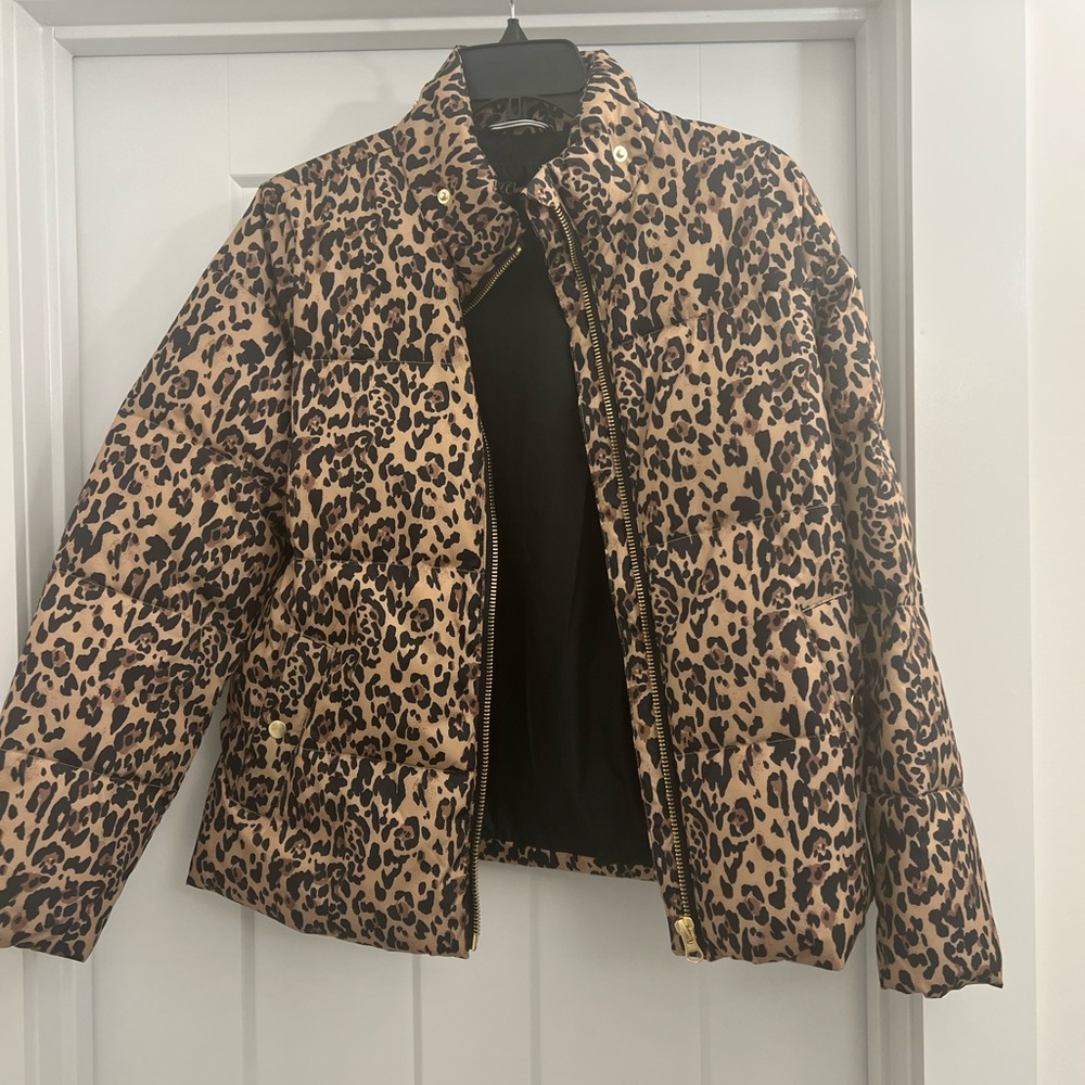 J Crew leopard puffer coat XS